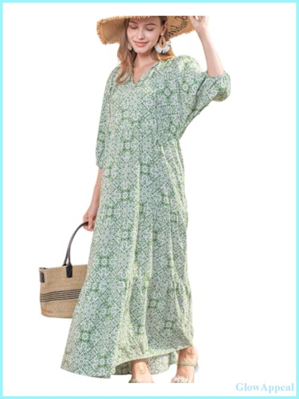 Boho Maxi Dress with V-Neck and 3/4 Puff Sleeves, 100% Rayon, Flowy Swing Dress